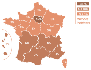 Répartition par région des incidents traités par l'ANSSI